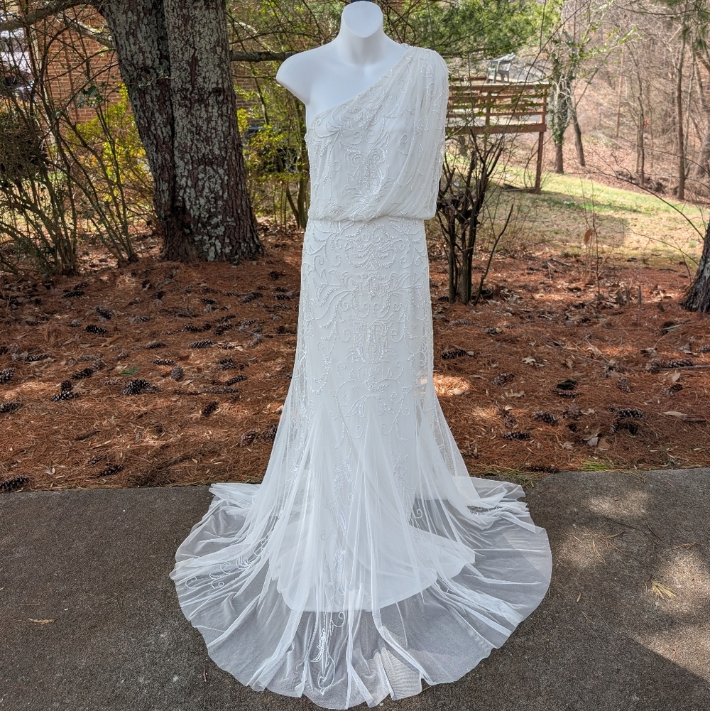 Adrianna Papell White Beaded One Shoulder Grecian Formal Evening Gown Wedding 2